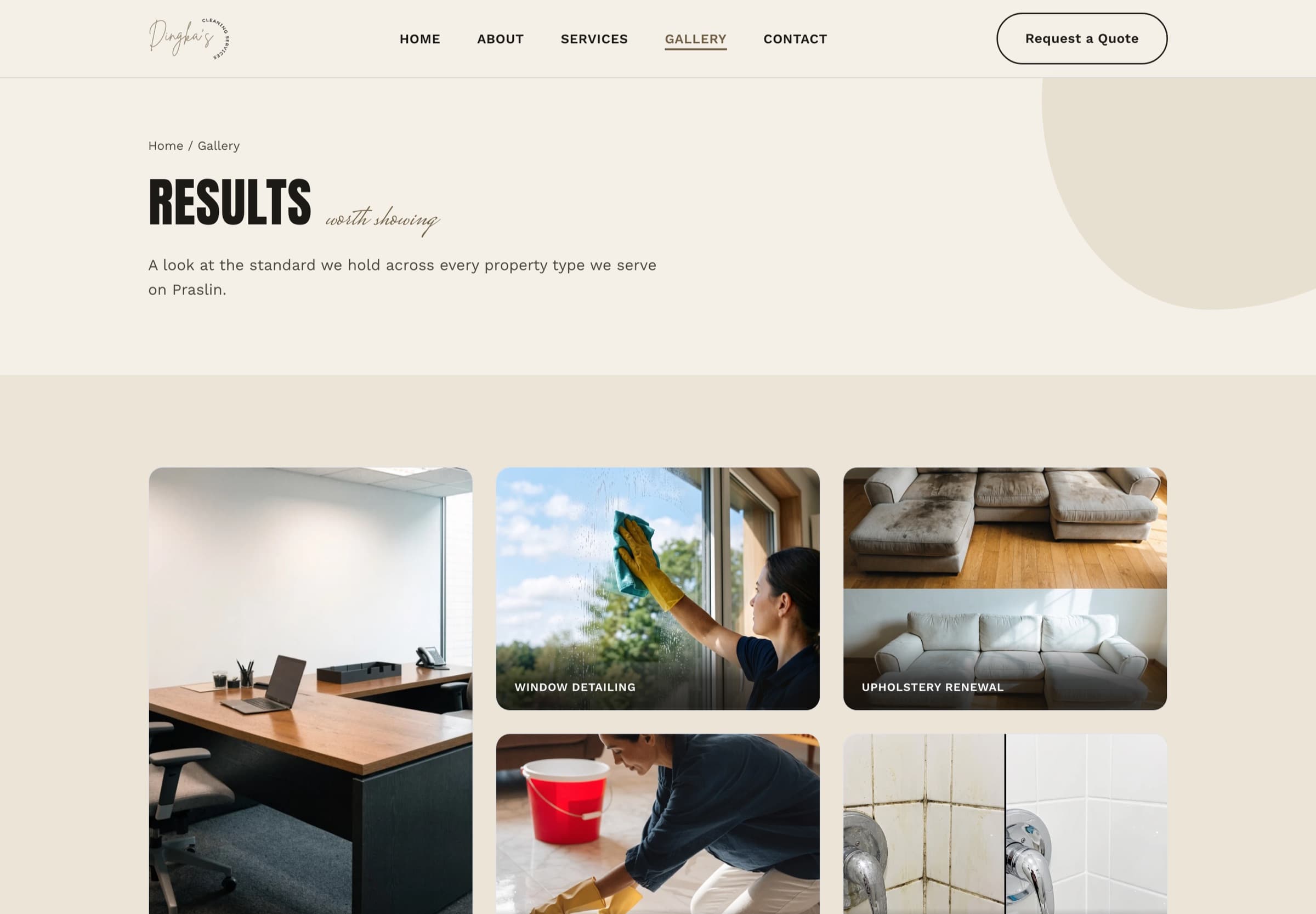 Gallery page of the Dingka's Cleaning Services website, showing completed work across different property types