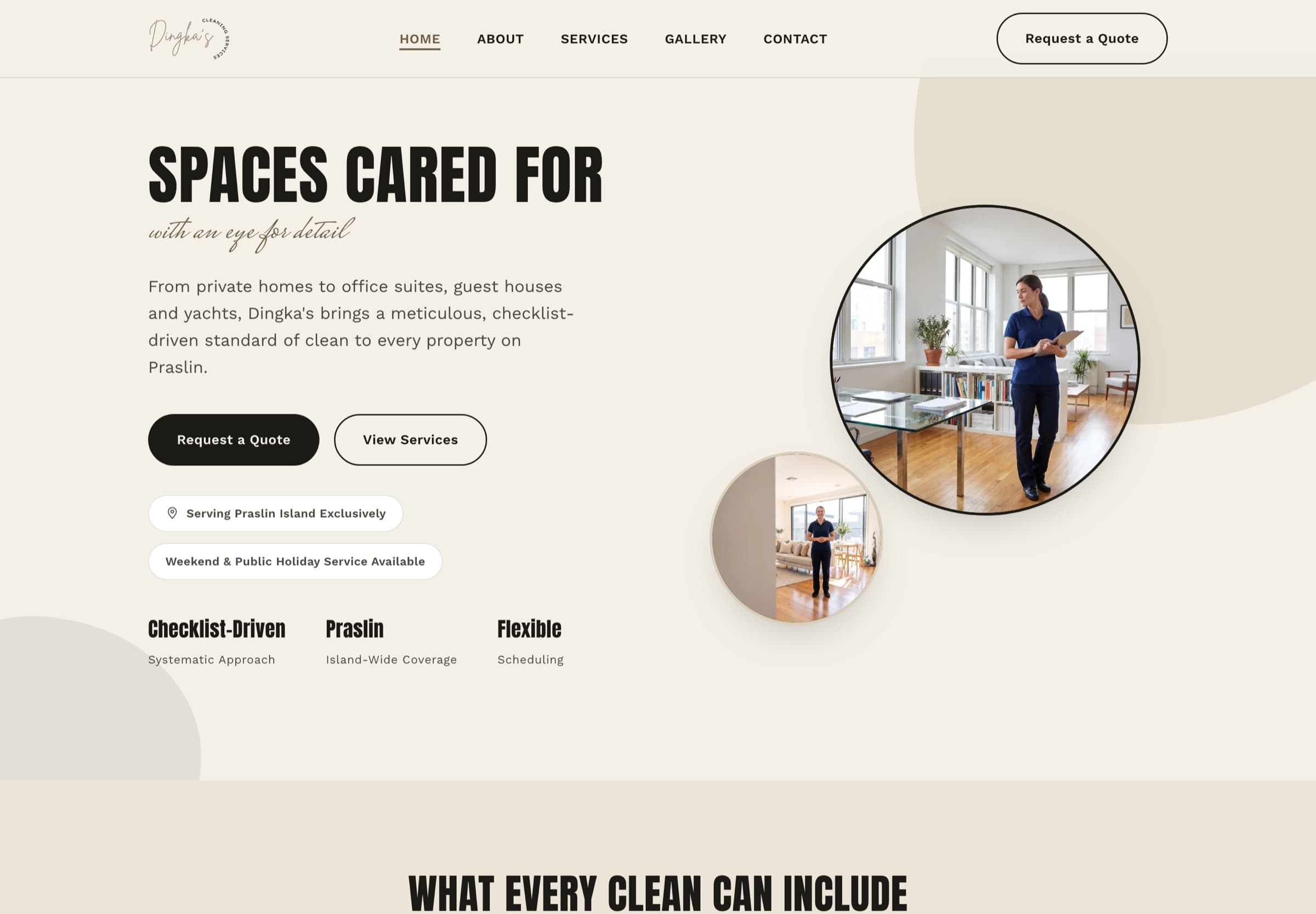 Home page of the Dingka's Cleaning Services website on a desktop screen, showing the headline, service area and property types