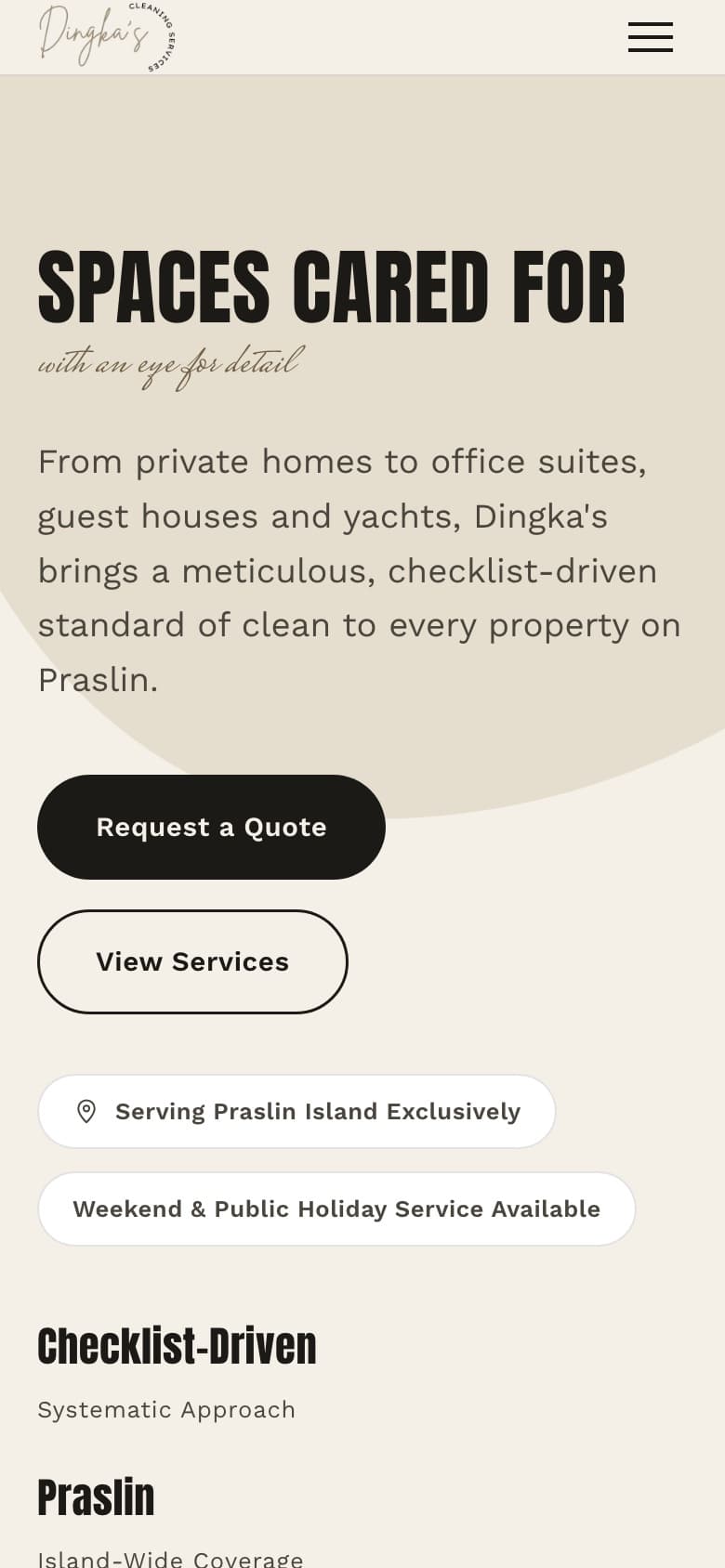 Home page of the Dingka's Cleaning Services website on a phone, with the same facts stacked for a narrow screen