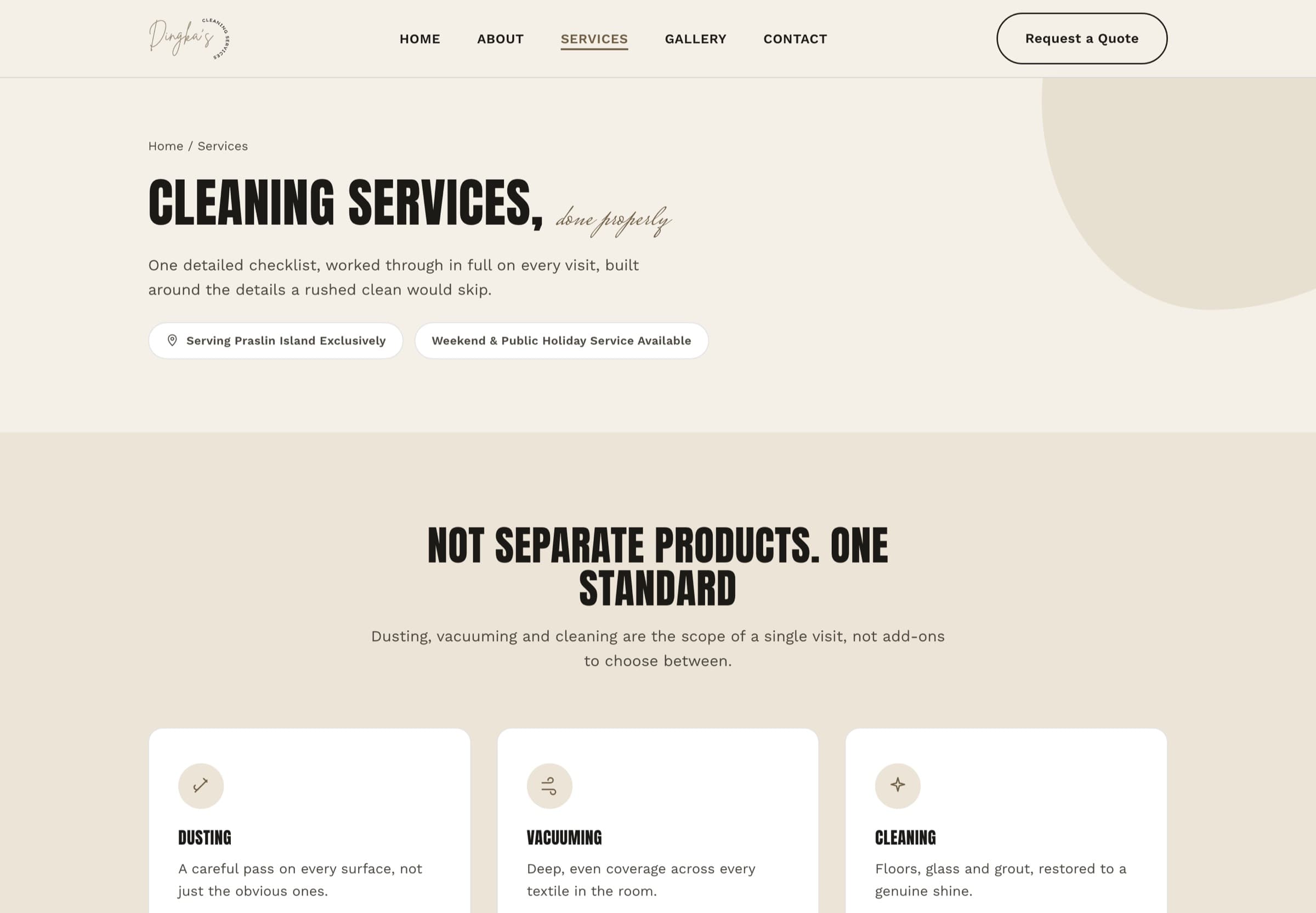 Services page of the Dingka's Cleaning Services website, presenting the cleaning scope as one standard rather than separate products